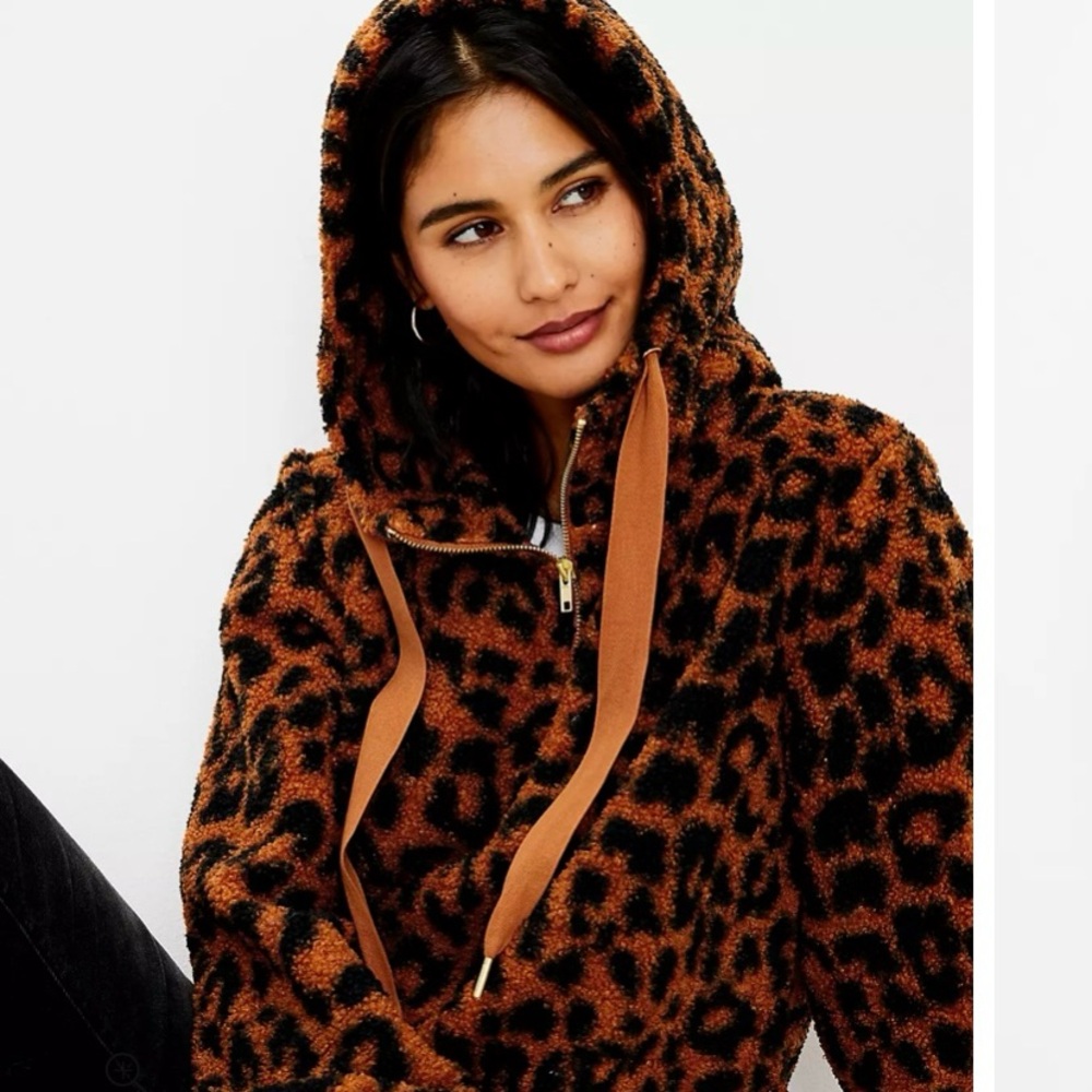 Loft Leopard Print Sherpa Hoodie Size Medium - image 1